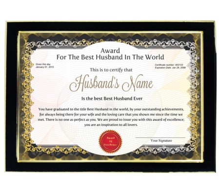 Personalized Award Certificate For Worlds Best Husband With Frame