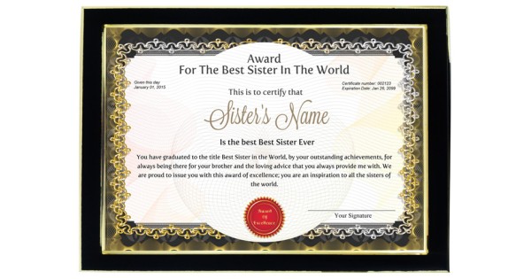 personalized award certificate for worlds best sister with frame