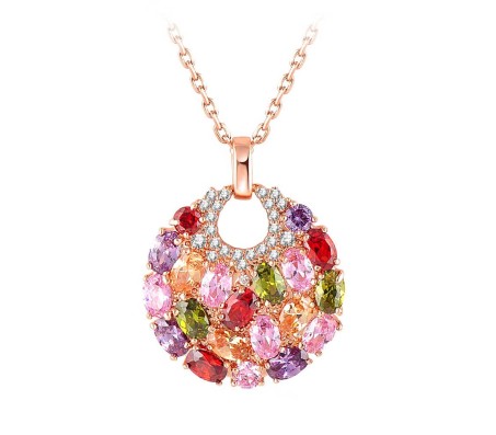 Multicolor Round Rainbow Swiss Zircon Crystal Pendant 18k Rose Gold Plated Chain Pendant for Women and Girls