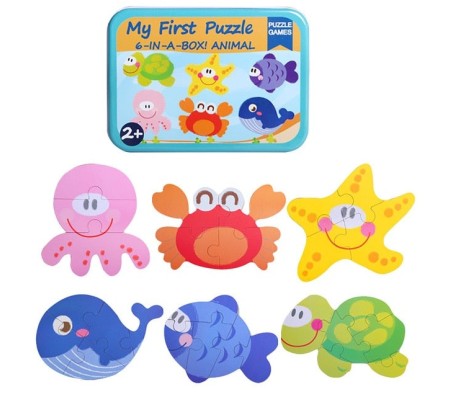Wooden Floor Puzzles for Toddlers and 1 Year Olds 6 in 1 Beginner Jigsaw Puzzle Sea Animal with Tin Box Multicolor