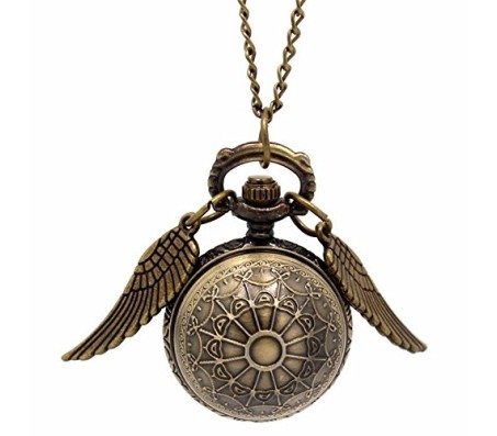 Golden Harry Potter Inspired Snitch Ball With Wings Round Dial Analogue Antique Pocket Watch Pendant with Bronze Necklace