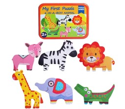 Wooden Floor Puzzles for Toddlers and 1 Year Olds 6 in 1 Beginner Jigsaw Puzzle Wild Animal with Tin Box Multicolor