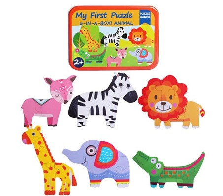 Wooden Floor Puzzles for Toddlers and 1 Year Olds 6 in 1 Beginner Jigsaw Puzzle Wild Animal with Tin Box Multicolor