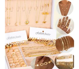 46 Pieces Gold Plated Butterfly Star Chain Heart Adjustable Stackable Ring Infinity Bracelets Hoop Earrings Fashion Boho Aesthetic Jewelry Set Ideal for Gifting