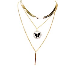 3 Layer Step Multi Layered Line Necklace Latest Western With Charms Butterfly Bar Line Leaves in Gold Plated for Women