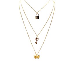 3 Layer Step Multi Layered Line Necklace Latest Western With Charms Butterfly Key Lock in Gold Plated for Women