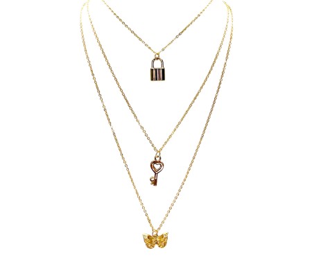 3 Layer Step Multi Layered Line Necklace Latest Western With Charms Butterfly Key Lock in Gold Plated for Women