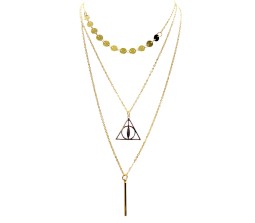 3 Layer Step Multi Layered Line Necklace Latest Western With Charms Deathly Hallows Line Bar Circle in Gold Plated for Women