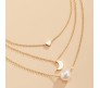 3 Layer Step Multi Layered Line Necklace Latest Western With Charms Pearl Crescent Moon Heart in Gold Plated for Women