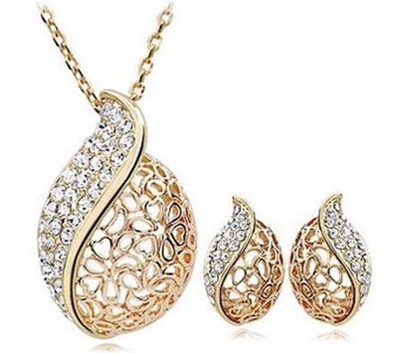 24K Gold Plated Crystal Pendant Necklace Set with Stud Earring for Women/Girls