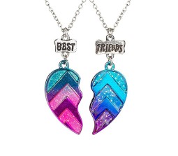 2 Pcs Best Friends (Bf) Magnetic Heart Pendant Necklace Friendship Chain Set For Girls / Sisters / Besties / BFF Gift Idea Multicolor