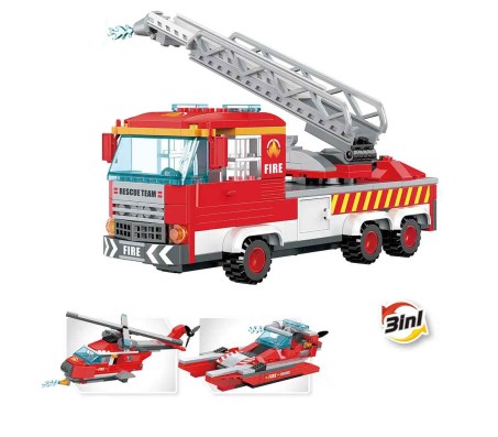 Architect 3 in 1 Building Blocks Set 249 Pcs Fire Brigade Construction Toy, City Fire Engine Truck, Helicopter and Boat Educational Construction Learning Brick Toy for Kids