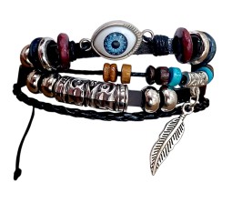 Adjustable Multi Layer 4 Silver Feather Evil Eye Charms Accessories Leather Bracelet for Gents Men & Women