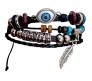 Adjustable Multi Layer 4 Silver Feather Evil Eye Charms Accessories Leather Bracelet for Gents Men & Women