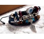 Adjustable Multi Layer 4 Silver Feather Evil Eye Charms Accessories Leather Bracelet for Gents Men & Women