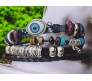 Adjustable Multi Layer 4 Silver Feather Evil Eye Charms Accessories Leather Bracelet for Gents Men & Women