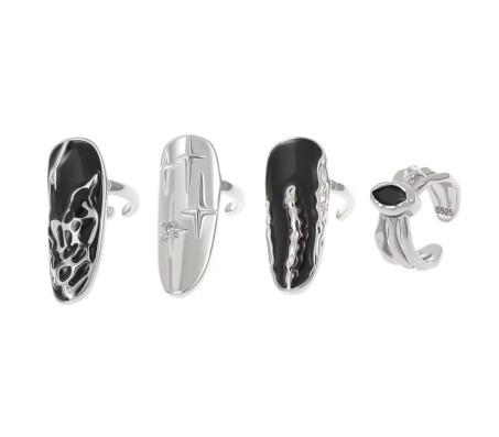 4 Piece Nail Ring Set Fashionable Metallic Silver Fingernail Jewelry Opening All Finger Sizes Adjustable Artificial Nails Decoration For Woman