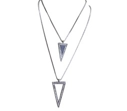 Fashion Crystal Silver Long Chain Stylish Pendant Necklace in Triangle Blue Stone With Rhinestone Multilayer Double Line Jewelry Party or Casual Wear for Women Girls Silver