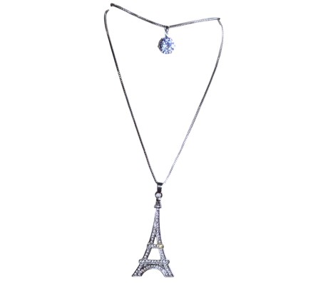Fashion Crystal Silver Long Chain Stylish Pendant Necklace in Eiffel Tower Rhinestone Multilayer Double Line with Solitaire Jewelry Party or Daily Casual Wear for Women Girls Silver