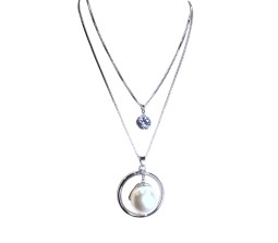 Fashion Crystal Silver Long Chain Stylish Pendant Necklace in Big Pearl With Ring Multilayer Double Line with Solitaire Jewelry Party or Daily Casual Wear for Women Girls Silver