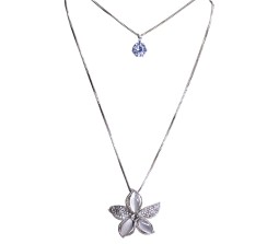 Fashion Crystal Silver Long Chain Stylish Pendant Necklace in 5 Petal White Rhinestone Flower Multilayer Double Line with Solitaire Jewelry Party or Casual Wear for Women Girls Silver