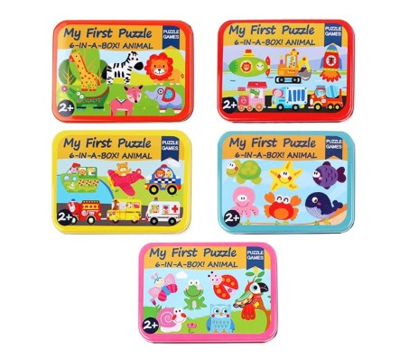 Wooden Floor Puzzles for Toddlers and 1 Year Olds 6 in 1 Beginner Jigsaw Puzzle Set of 6 with Tin Box Multicolor