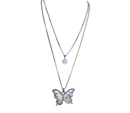 Fashion Big White Butterfly Crystal Silver Long Chain Stylish Pendant Necklace Multilayer Double Line with Solitaire Jewelry Party or Daily Casual Wear for Women and Girls White Silver