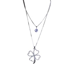 Fashion Big Clover with Rhinestone Crystal Silver Long Chain Stylish Pendant Necklace Multilayer Double Line with Solitaire Jewelry Party or Daily Casual Wear for Women and Girls White Silver