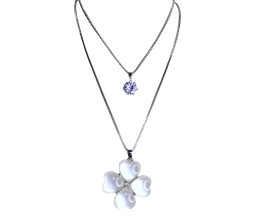 Fashion White Clover Crystal Silver Long Chain Stylish Pendant Necklace Multilayer Double Line with Solitaire Jewelry Party or Daily Casual Wear for Women and Girls White Silver