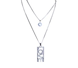 Fashion Big Love Word Crystal Silver Long Chain Stylish Pendant Necklace Multilayer Double Line with Solitaire Jewelry Party or Daily Casual Wear for Women and Girls White Silver