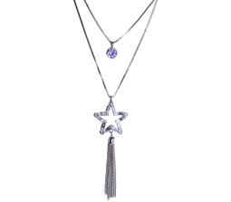 Fashion Star with Silver Tassel Crystal Silver Long Chain Stylish Pendant Necklace Multilayer Double Line with Solitaire Jewelry Party or Daily Casual Wear for Women and Girls White Silver