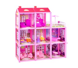 Big Size Large 156 Pcs Mansion Pink Doll House 2.2 Foot x 2.1 Foot x 6 Inch with Dolls and All Doll House Furniture and Accessory for Girls 
