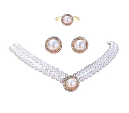 Double Strand Faux Pearl Necklace 17 Inches Motimala With Matching Studs Earrings & Ring Pearl Combo Set a Stylish Fancy Moti Choker Jewellery Set for Women & Girls