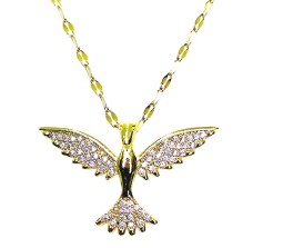 Bird Phoenix Open Wings Freedom Rhinestone Crystal Studded Pendant Gold Plated Necklace With Chain Fashion Jewellery Stylish For Women And Girls