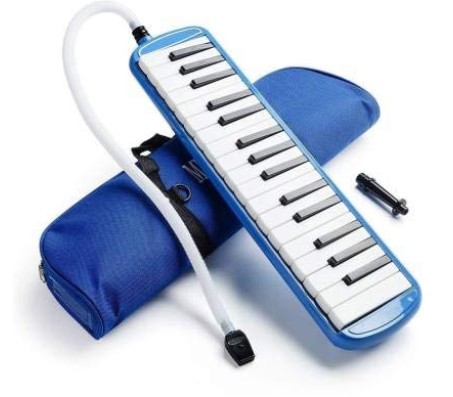 32 Key Blow Piano (Pianica) Portable with Carrying Bag, Soprano Short and Long Mouthpieces for Beginners Kids Gift Blue