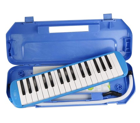 32 Key Blow Piano (Pianica) Portable with Extra Hard Protective Cover, Soprano Short and Long Mouthpieces for Beginners Kids Gift Blue