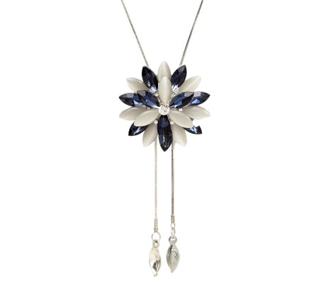 Fashion Crystal Silver Long Chain Stylish Pendant Necklace in Fancy Sunflower / Flower Design Jewelry Party or Daily Casual Wear for Women and Girls Blue Silver