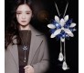 Fashion Crystal Silver Long Chain Stylish Pendant Necklace in Fancy Sunflower / Flower Design Jewelry Party or Daily Casual Wear for Women and Girls Blue Silver