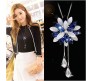 Fashion Crystal Silver Long Chain Stylish Pendant Necklace in Fancy Sunflower / Flower Design Jewelry Party or Daily Casual Wear for Women and Girls Blue Silver