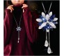 Fashion Crystal Silver Long Chain Stylish Pendant Necklace in Fancy Sunflower / Flower Design Jewelry Party or Daily Casual Wear for Women and Girls Blue Silver