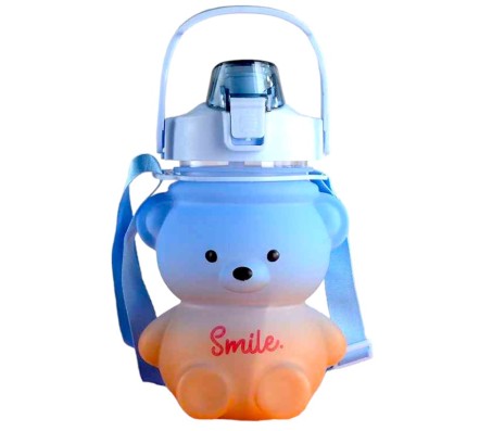 Plastic Teddy Bear Water Bottle for Kids, Push Button Water Bottle with Straw, Sipper Bottle for Kids with Adjustable Strap and Stickers 1000ml, Blue Orange, 3+Years (Pack of 1)