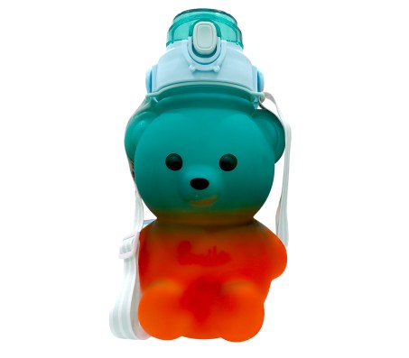 Plastic Teddy Bear Water Bottle for Kids, Push Button Water Bottle with Straw, Sipper Bottle for Kids with Adjustable Strap and Stickers 2000ml, Blue Orange, 3+Years (Pack of 1)