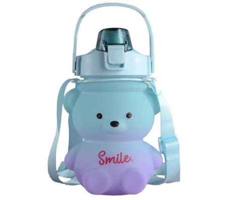 Plastic Teddy Bear Water Bottle for Kids, Push Button Water Bottle with Straw, Sipper Bottle for Kids with Adjustable Strap and Stickers 1400ml, Blue Purple, 3+Years (Pack of 1)