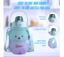 Plastic Teddy Bear Water Bottle for Kids, Push Button Water Bottle with Straw, Sipper Bottle for Kids with Adjustable Strap and Stickers 1400ml, Blue Purple, 3+Years (Pack of 1)