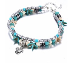 Boho Multilayer Beaded Anklets Antique Silver Tone Multi Layer Beach Jewelry with Turquoise Turtle Handmade Beads Fashion Ankle Charm Sea Shell Foot Chain Bohemian for Women & Girls