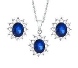 Elegant Blue Crystal Pendant Set for Women Princess Length Delicate Silver Chain Cubic Zircon Stud Earring Necklace Set for Girls Fashion Jewelry