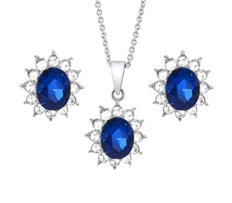 Elegant Blue Crystal Pendant Set for Women Princess Length Delicate Silver Chain Cubic Zircon Stud Earring Necklace Set for Girls Fashion Jewelry