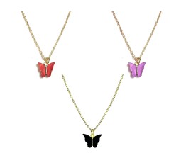 Gold Chain Plated Black Purple Red Butterfly Pendant Necklace Combo / Set of 3 for Women and Girls