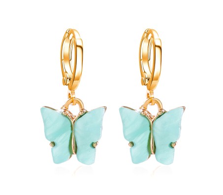 Gold Toned Huggie Hoops With Attached Butterfly Charm Hanging Earrings Gold Plated For Women and Girls Cyan Gold Toned Huggie Hoops With Attached Butterfly Charm Hanging Earrings Gold Plated For Women and Girls Cyan