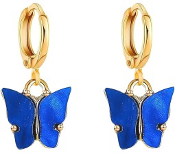 Gold Toned Huggie Hoops With Attached Butterfly Charm Hanging Earrings Gold Plated For Women and Girls Dark Blue